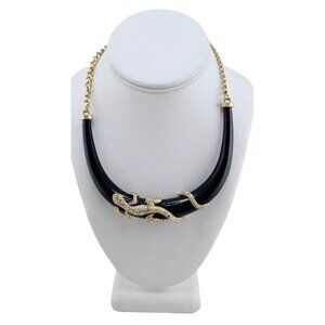 Vintage 90s ABS Rhinestone Lizard Collar Necklace Black Enamel Statement Piece